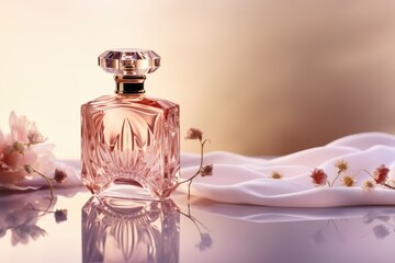 A transparent bottle of expensive women's perfume. Trendy concept of natural materials. Natural cosmetic