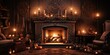 A living room with a fire place and lots of candles. AI.