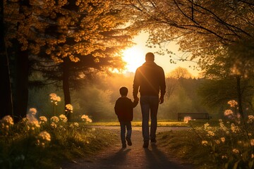 Wall Mural - Father and son in the park at sunset | Generative AI