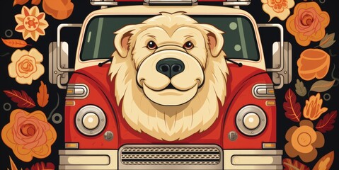 Poster - A dog is sitting in the front of a fire truck. AI.