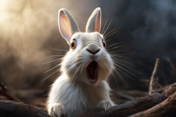 Canvas Print - A close-up view of a rabbit with its mouth open. 