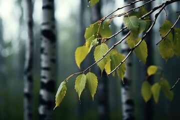 A close-up view of leaves on a tree branch. 