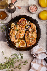 Wall Mural - Chicken breast meat fillet roasted with thyme, lemon and mustard sauce. Delicious homemade poultry dish. Top view