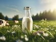 A bottle of fresh milk on a sunny summer farm meadow, grass, nature and plants. Generative AI
