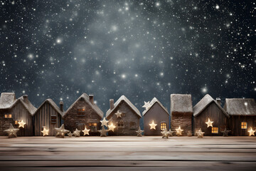 Wooden houses in the snow with stars and christmas lights, Ai Generated