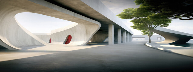 Empty abstract architecture building in minimal concrete design with open space floor courtyard white podium and curved walls museum plaza as wide display showroom mockup environment background