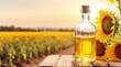 Sunflower oil. Transparent glass bottle with yellow sunflower oil on wooden table, backdrop of sunflower field. Sunny day. With copy space. Organic food. For advertising, posters, banners, labels.