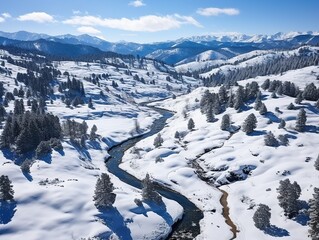 Aerial shot of snow - capped mountain hill in winter at Zlatibor, Serbia from drone pov, Generative AI