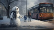 snowman waiting for the bus - winter classes or vacation concept