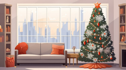 Poster - Stylish interior of living room with decorated Christmas tree. ai generative