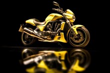 Moving Yellow Motorcycle With Lights, Reflecting Black Background On The Floor. Generative AI