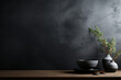 A minimalistic black textured background featuring an artful Japanese ramen bowl placed on the right side.