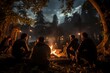 A group of friends gathered around a crackling campfire in the heart of a lush forest, under a starry night sky, enjoying the warmth and camaraderie of outdoor camping