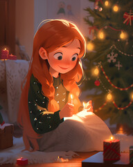 Wall Mural - Christmas Eve, little cute girl sitting under the Christmas tree waiting for the magic.