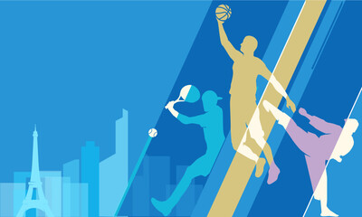 Wall Mural - Great editable vector file of international multisport festival player silhouette in the front of paris skyline with classy and unique style best for your digital design and print mockup