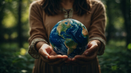 Wall Mural - Woman hand holding earth, save planet, earth day, sustainable living, ecology environment, climate emergency action, world environment day concept, illustration for global warming content 