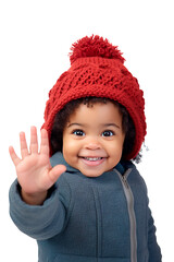 Adorable Afro American baby girl waving hand to the camera and smiling. Isolated white transparent background