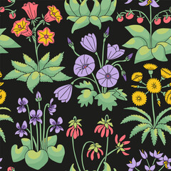 Wall Mural - Seamless pattern with canary islands flowers on black background. Vintage floral wallpaper