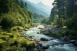 Scenic view of a river flowing through a lush forest surrounded by mountains. Generative AI