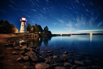 Wall Mural - Lighthouse on the seashore. Background with selective focus and copy space