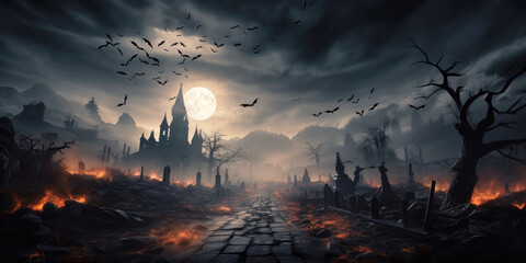 Wall Mural - Creepy graveyard with old road, moon and bats on scary Halloween night