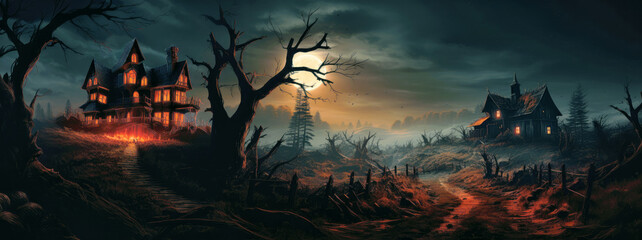 Wall Mural - Old spooky haunted houses in forest on Halloween night, panoramic view