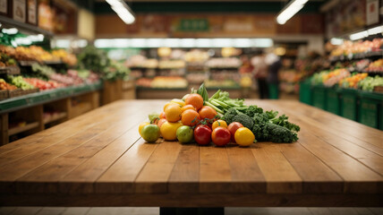 Wall Mural - Empty wooden table with blurred greengrocer and supermarket background for product display with space for text 