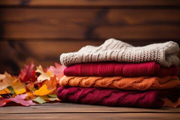 Wall Mural - Knitted winter clothes and autumn leaves on wooden background stack of sweaters space for text