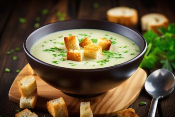 Sticker - Leek soup with croutons on table