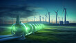 A hydrogen pipeline with wind turbines and in the background. Green hydrogen production concept. ai