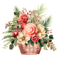 Cute watercolor Christmas flowers in basket, bouquet, floral, on white background, clip art, red, pink, green, cream, rose gold, greeting card, illustration