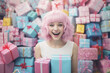 © lagano - Young beautiful girl with a smile and a bunch of gifts in the background. Pastel rainbow colors. Holiday and gift giving concept. Christmas and New Year.