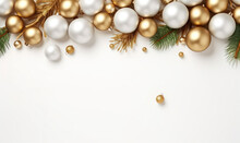 Golden Christmas Items, Fir Branches On A White Blackground