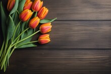 Tulips On Wooden Background. Generative AI