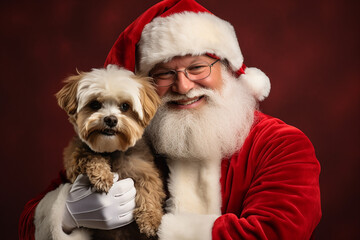  Photoshoot of a hyper realistic Santa Claus and a cute puppy with red background | Christmas holidays | Stock photography of Santa Claus for Xmas | December 25th | Fictional Characters | Merry