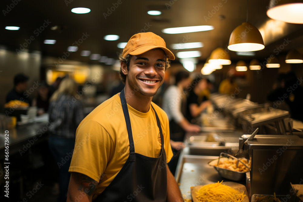 Fast food worker smiling & standing at a counter waiting for a customer ...