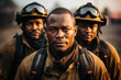 © Trinette Reed - Group portrait of black firefighters in uniforms on street by wildfire
