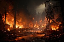 Wildfire Forest Fire Burning Down A Town, Climate Change