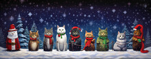 CHRISTMAS CARD. VINTAGE POSTCARD, POSTER WITH CATS, HORIZONTAL IMAGE. Image Created By Legal AI