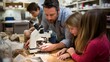 Parent guiding a microscope exploration of tiny organisms
