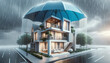 © ImageFlow - House covered with blue umbrella to protect it from rain and storm. Flood on the streets. Concept of home insurance. Ai generative