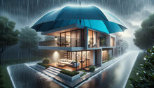 House Covered With Blue Umbrella To Protect It From Rain And Storm. Flood On The Streets. Concept Of Home Insurance. Ai Generative