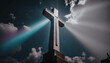 A cross on top of the hill with epic light. Religious christianity symbol