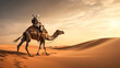 夕焼けの中、砂漠の中でラクダに乗って歩いている男性