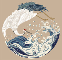 Japanese Wave Vector Illustration For T-shirt.Traditional Chinese Wave And Sunrise.Beautiful Line Art Of Nature For Printing On Shirt.Asian Art For Doodle And Painting On Background.