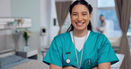 Wall Mural - Nurse, face and woman in healthcare, arms crossed with confidence at hospital with pride and help, caregiver and smile. Medical professional, trust and happy at clinic, expert in portrait with health