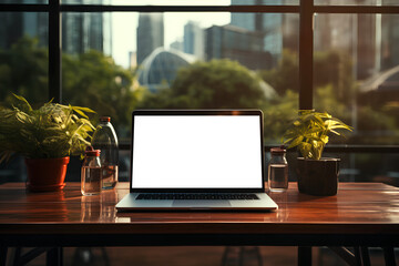 Laptop on wood table screen mockup front view