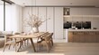 kitchen and dining area with white cabinets and white walls, in the style of the song dynasty