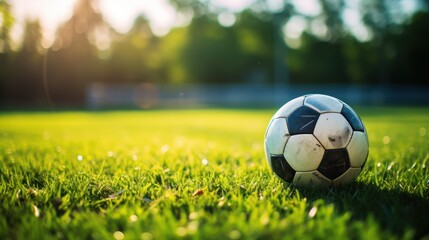 Wall Mural - Soccer ball nestled into the net, symbolizing victory on a lush green field