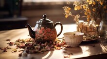 Vintage Teapot Beside Scattered Tea On A Sunlit Tabletop